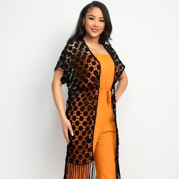 Crocheted open-front fringe black kimono‎ - Picture 4 of 5